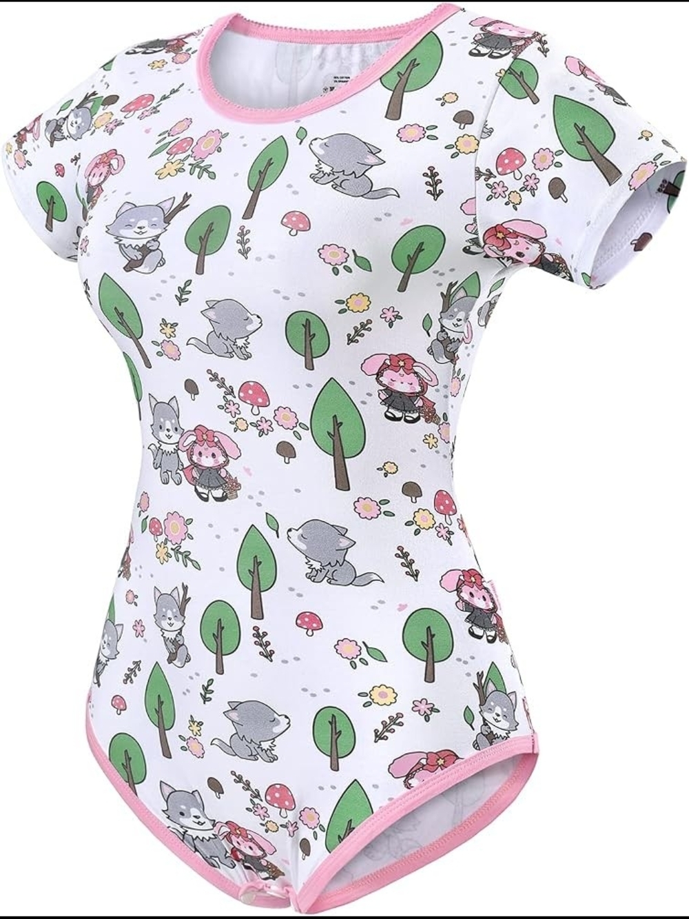Women's White & Pink Cartoon Forest Short-Sleeve Bodysuit